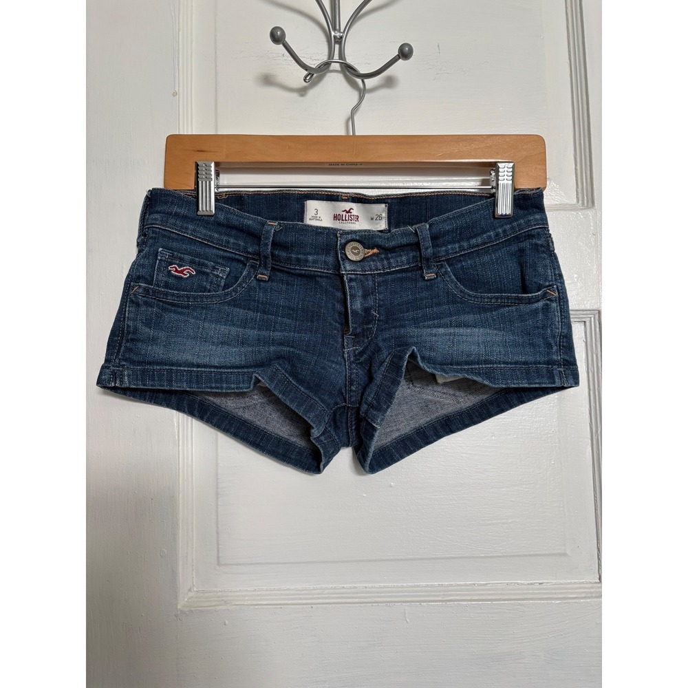 Hollister Low Rise Denim Shorts Dark Wash Blue Mini Shortie Size 3 W26 Seagull